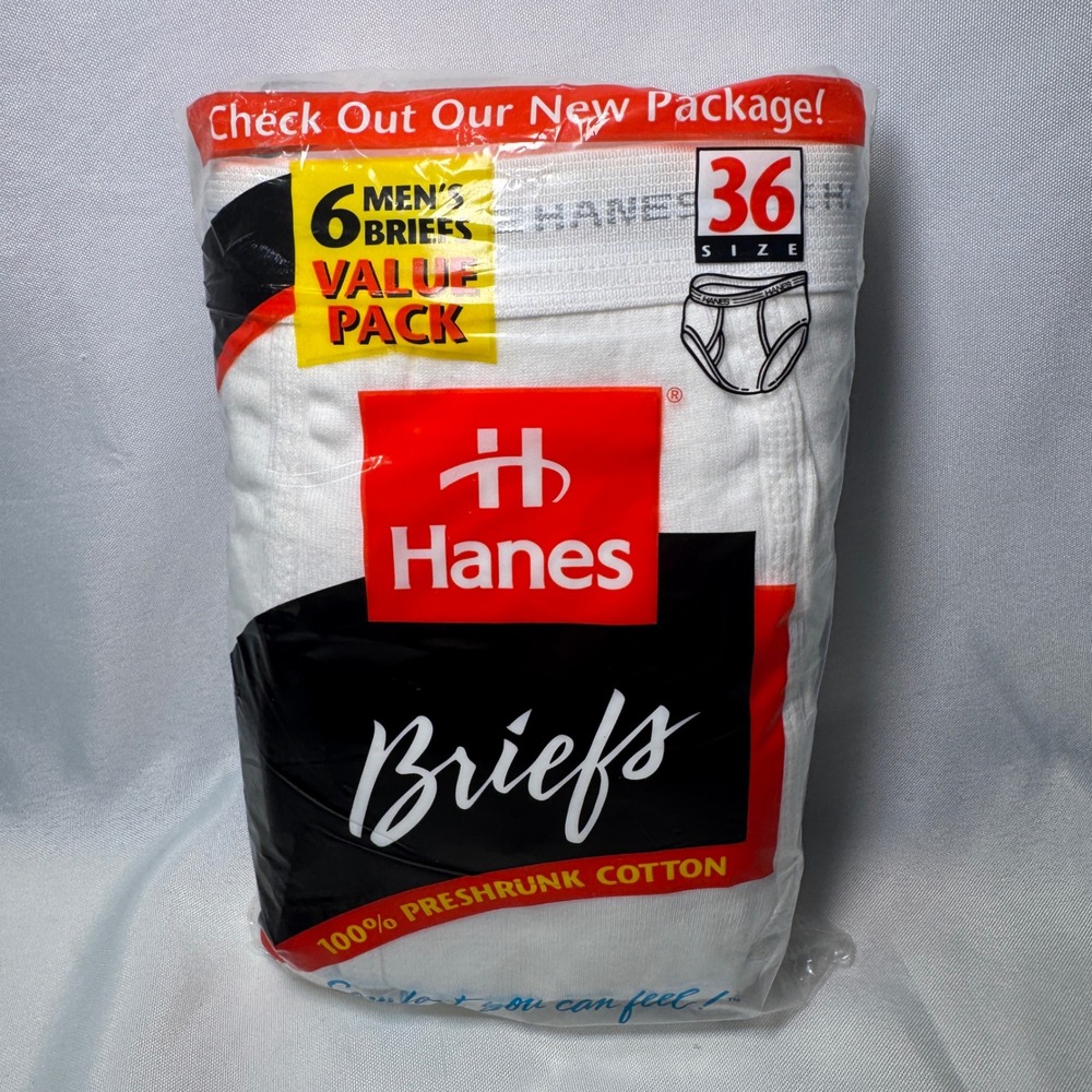 Vintage 1996 Hanes Mens Briefs 6-Pack White 100% Cotton Size 36 New Sealed